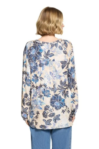 Betty Barclay 8117/1703 Floral Blouse Beige/Blue worn by model back view Shop Betty Barclay at Dotique