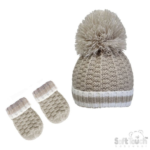 BISCUIT RIBBED HAT & MITTEN SET (NB-12 Months) H648-BI-SM