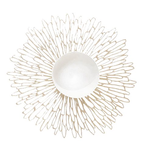 The Bloom Round Placemat combines the beautiful, expanding form of a chrysanthemum with the clean, graphic look of a contour line sketch.