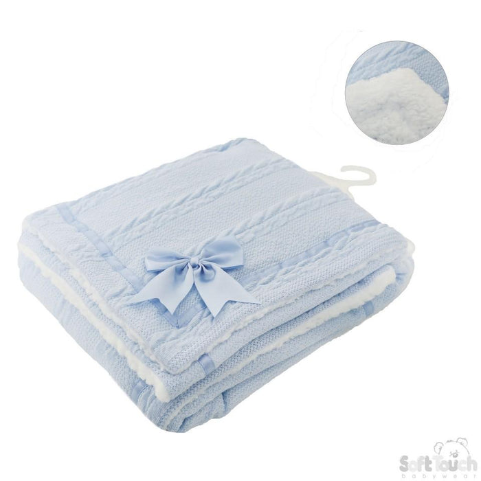 BLUE CHEVERON CABLE KNIT WRAP W/SATIN TRIM & BOW : FBP202-B - Kidswholesale.co.uk