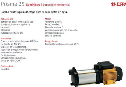 Bomba centrífuga multi-etapa PRISMA 25 2, 1 HP
