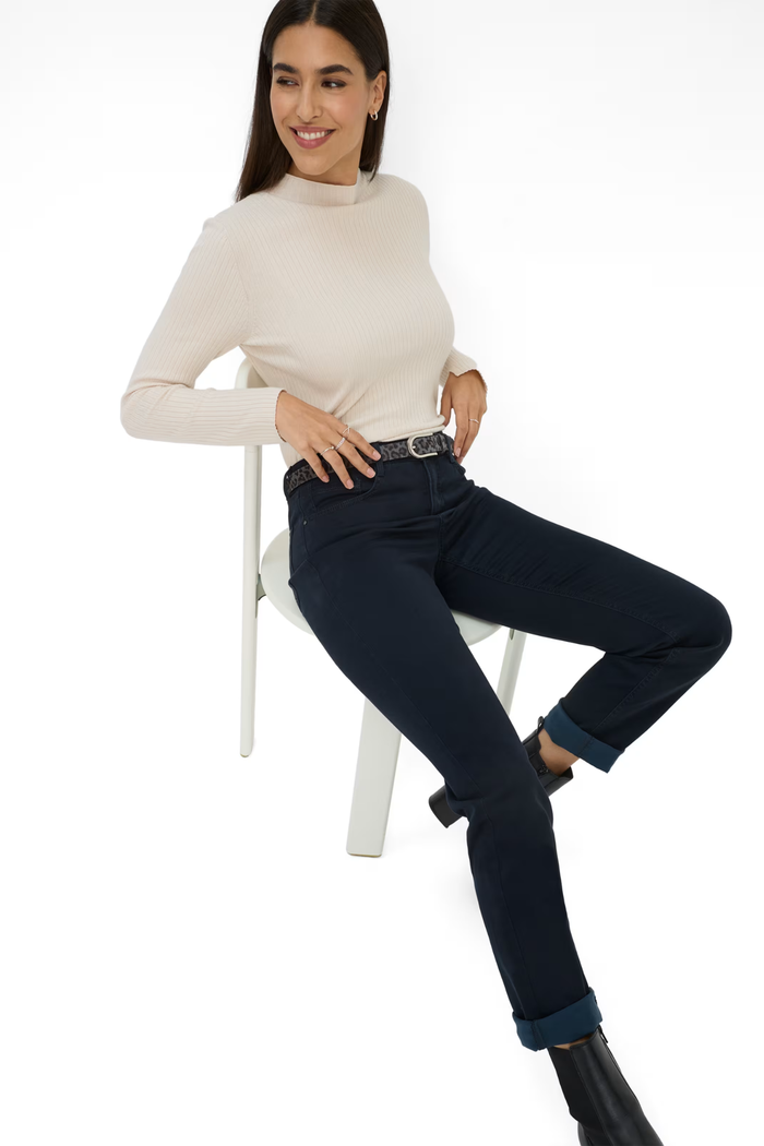 Brax 71-1707 22 Mary Winter Dream Five-Pocket Straight Leg Jeans Dark Blue on model. Shop Brax at Dotique