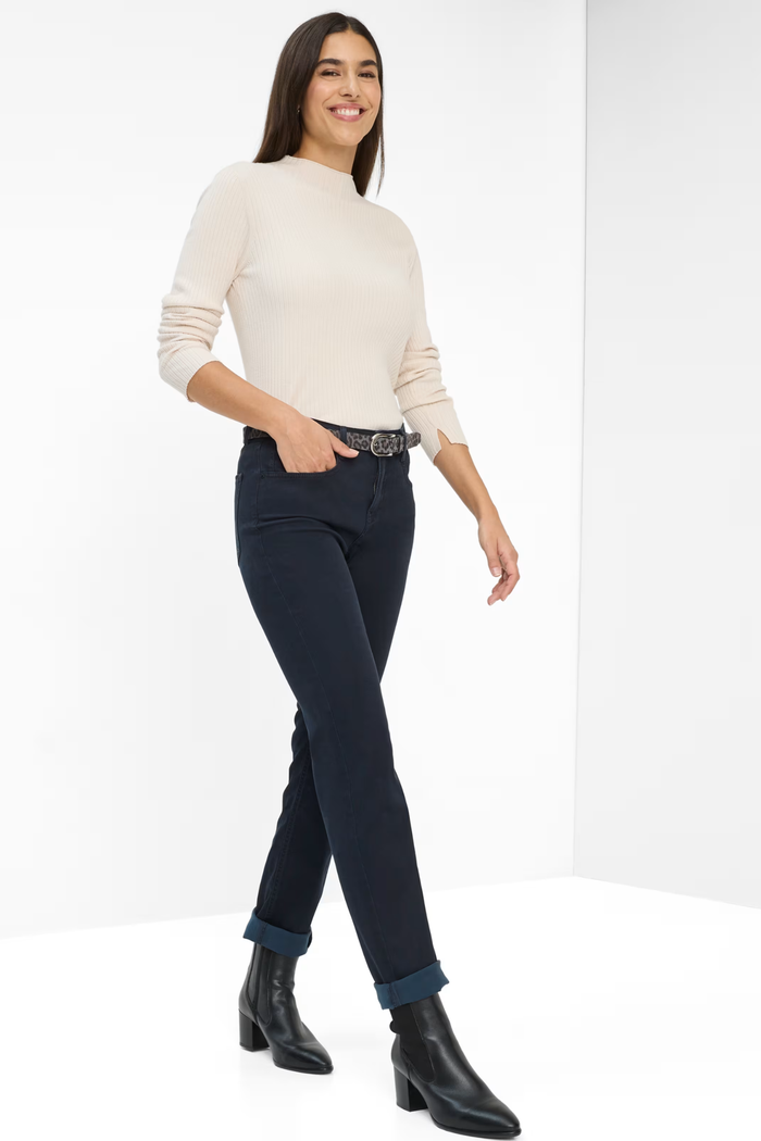 Brax 71-1707 22 Mary Winter Dream Five-Pocket Straight Leg Jeans Dark Blue on model. Shop Brax at Dotique