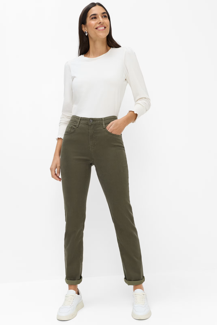 Brax 71-1707 33 Mary Winter Dream Five-Pocket Straight Leg Jeans Green Khaki on model. Shop Brax at Dotique