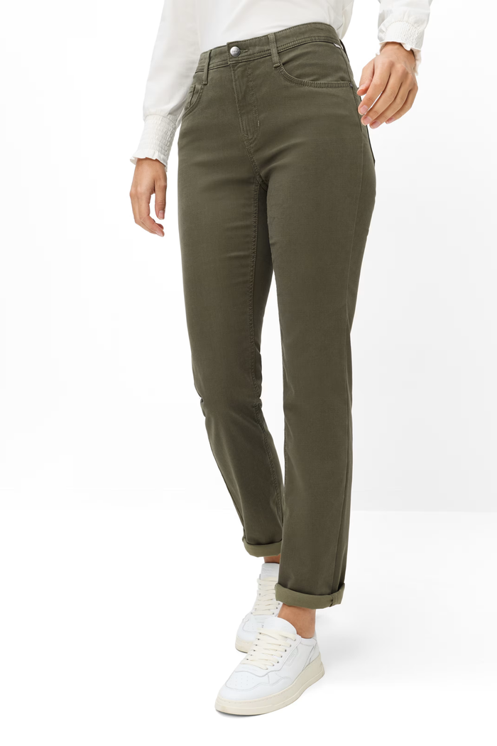 Brax 71-1707 33 Mary Winter Dream Five-Pocket Straight Leg Jeans Green Khaki on model. Shop Brax at Dotique