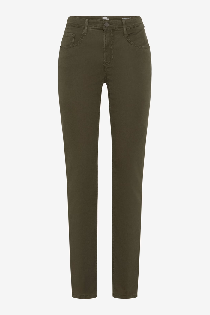 Brax 71-1707 33 Mary Winter Dream Five-Pocket Straight Leg Jeans Green Khaki front view Shop Brax at Dotique