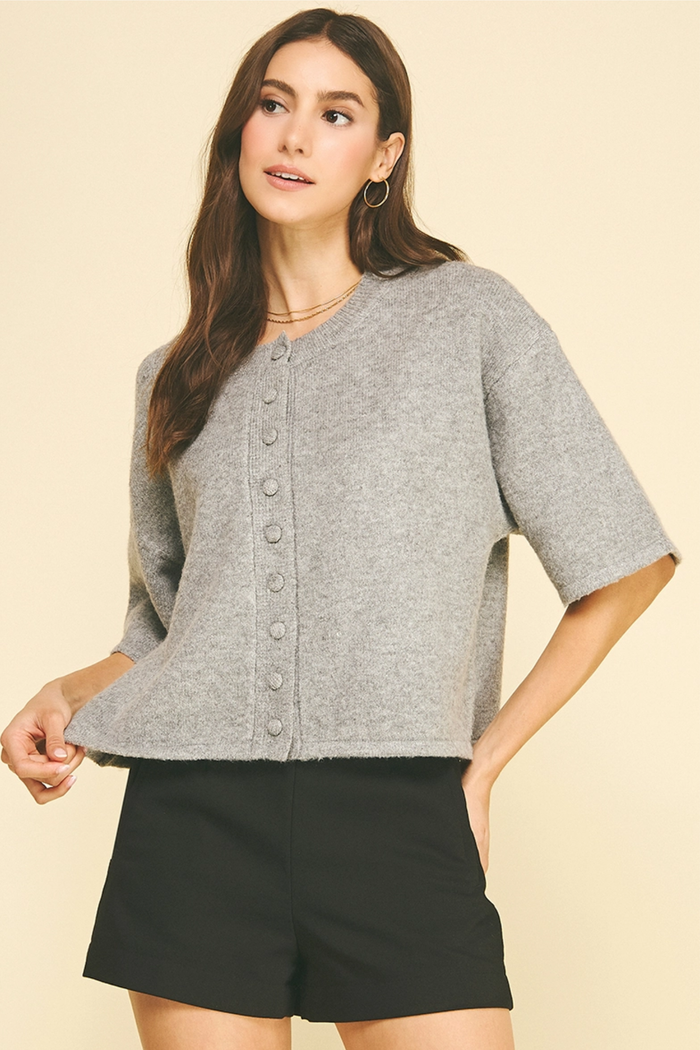 Button Down Short Sleeve Sweater Heather Grey