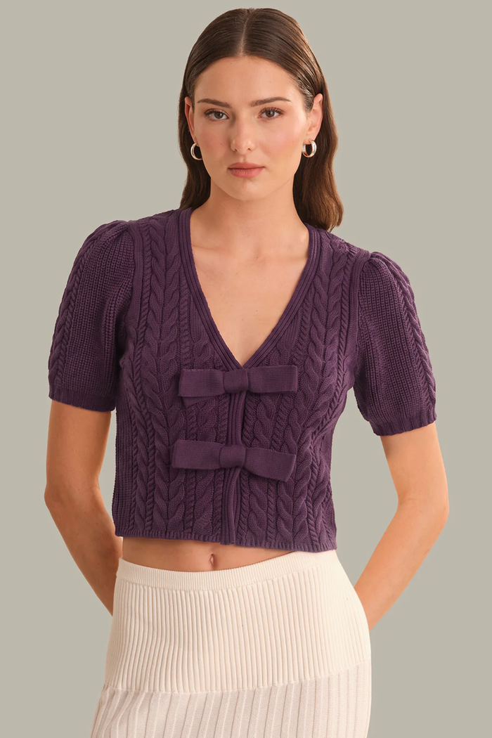 Cable Puff Sleeve Bow Cardigan Italian Plum