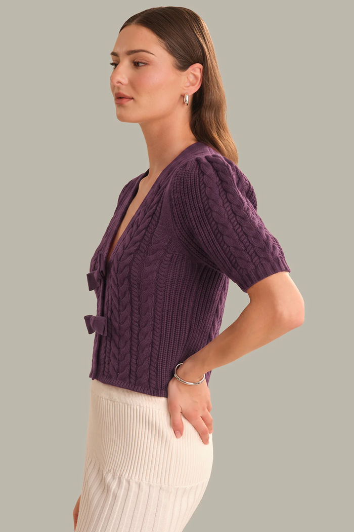 Cable Puff Sleeve Bow Cardigan Italian Plum