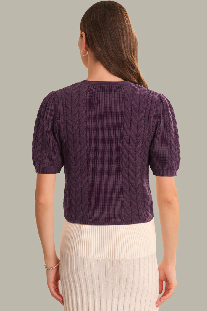Cable Puff Sleeve Bow Cardigan Italian Plum