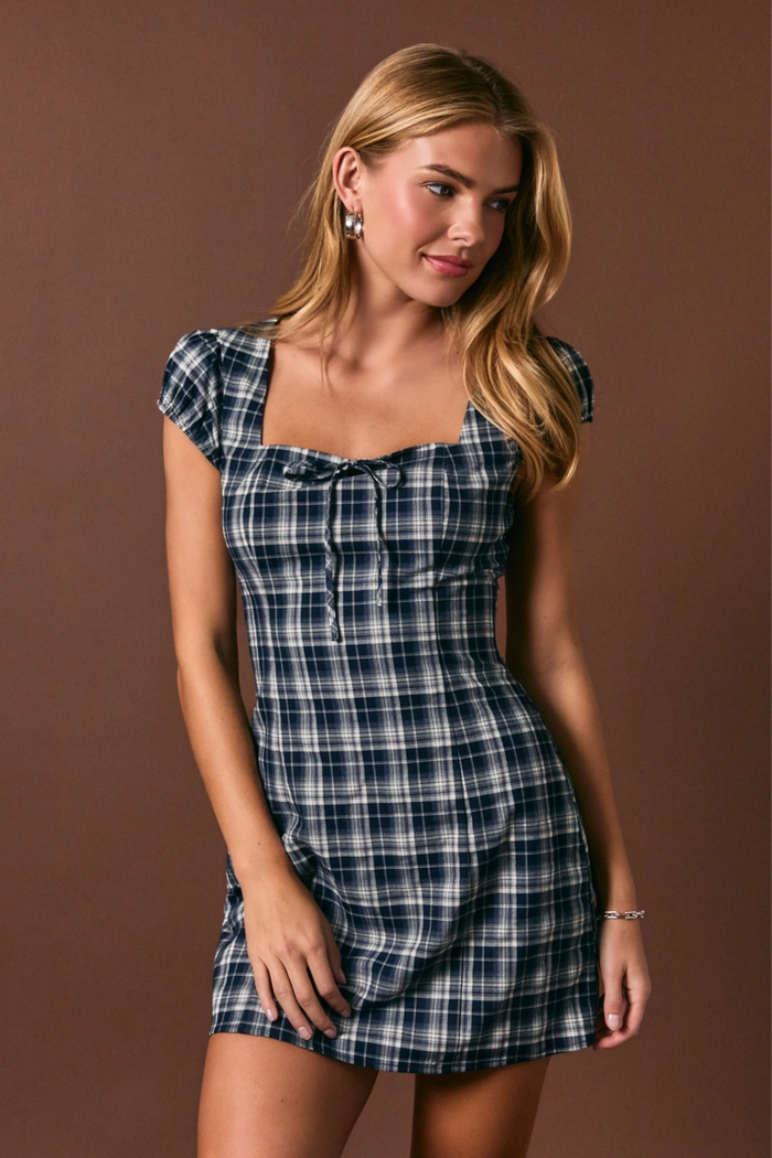 Cap Sleeve Plaid Mini Dress Navy