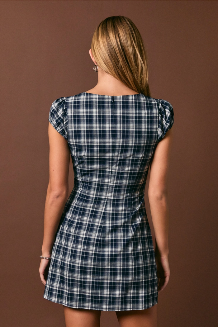Cap Sleeve Plaid Mini Dress Navy