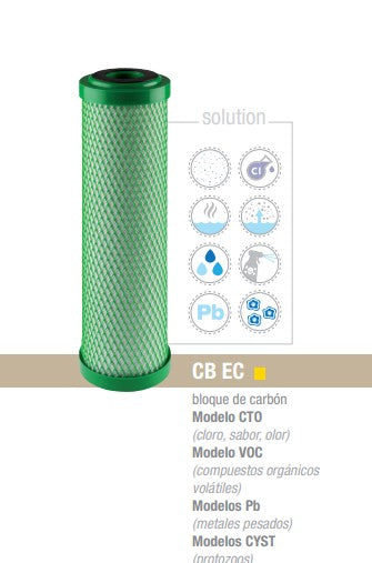 Cartucho de Carbón en Bloque 2.5"x10" de 5 micras - Compuestos orgánicos volátiles, olor y sabor a cloro