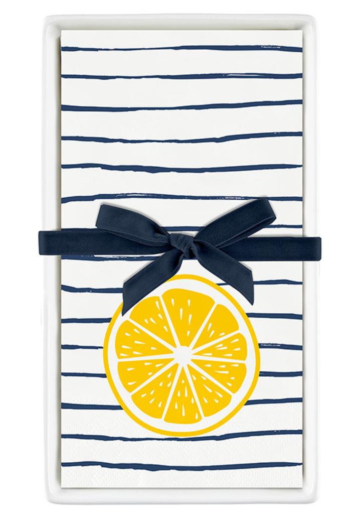 Ceramic Napkin Holder w/Stripes & Lemons (Guest Size)