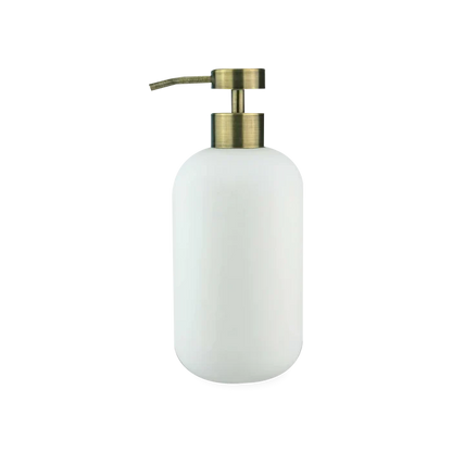 Using soft and organic forms, the Ceramic Rubber Dispenser is made of ceramics coated with a luxurious white rubber finish along with an antiqued gold finished pump.