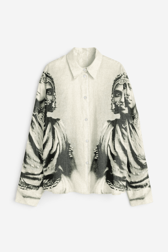 CM shirt for women in white and grey, front flat view, with a monochrome portrait print on the sleeves