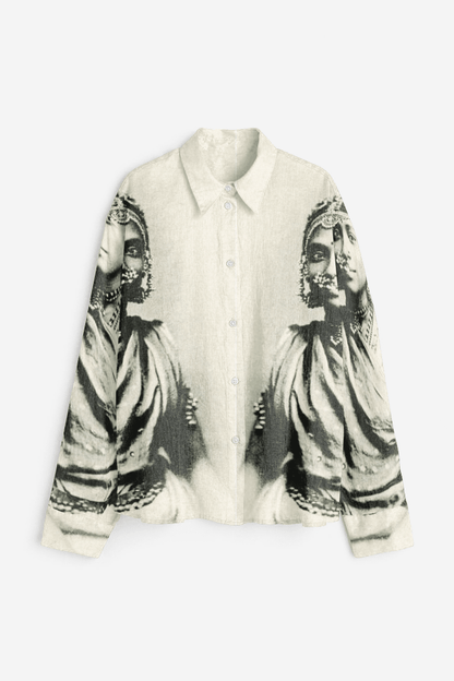 CM shirt for women in white and grey, front flat view, with a monochrome portrait print on the sleeves
