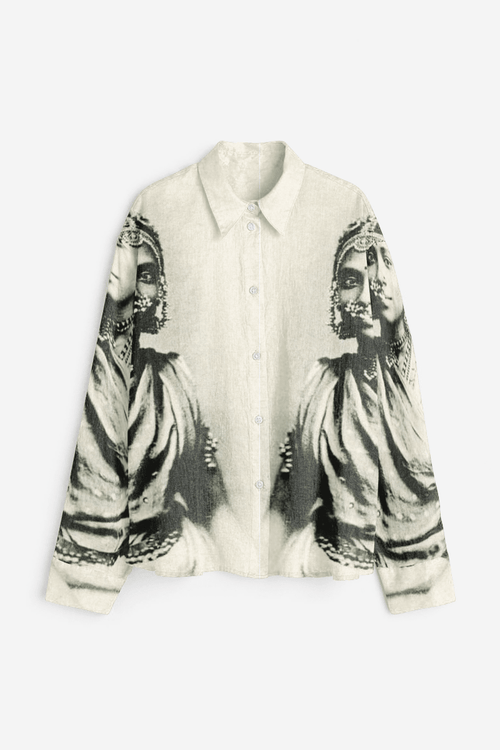 CM shirt for women in white and grey, front flat view, with a monochrome portrait print on the sleeves