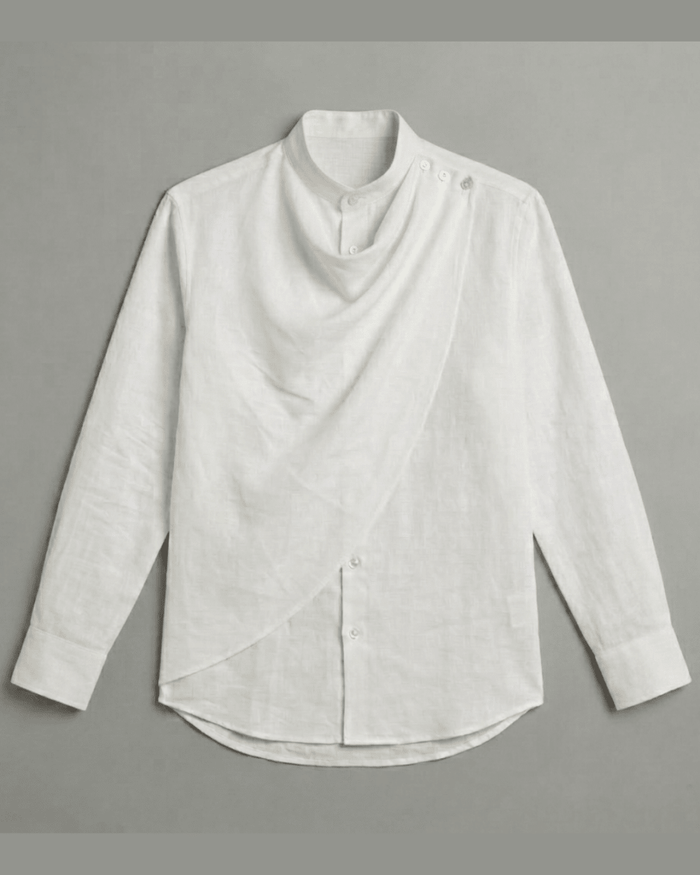 Cowl shirt for women in white cotton linen, front view, with a draped cowl neckline and shoulder buttons
