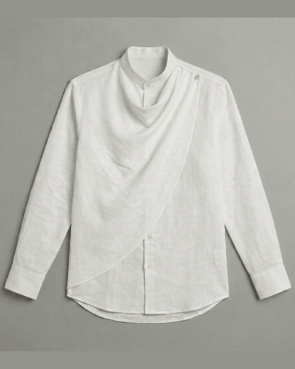 Cowl shirt for women in white cotton linen, front view, with a draped cowl neckline and shoulder buttons