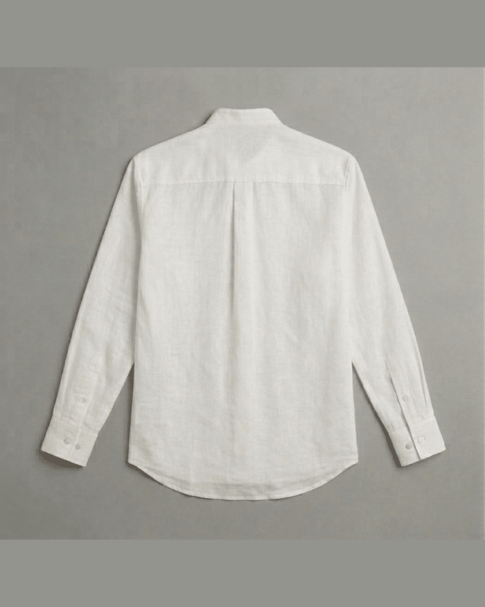 Cowl shirt for women in white cotton linen, back view, with a centre back pleat