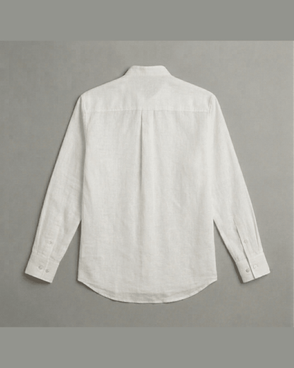 Cowl shirt for women in white cotton linen, back view, with a centre back pleat