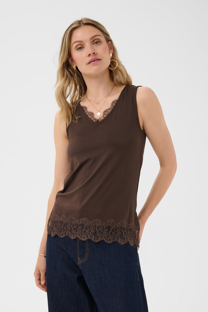 Cream 10615546 CrAlvaia Jersey Lace Top Java brown lace trim top Shop Cream at Dotique