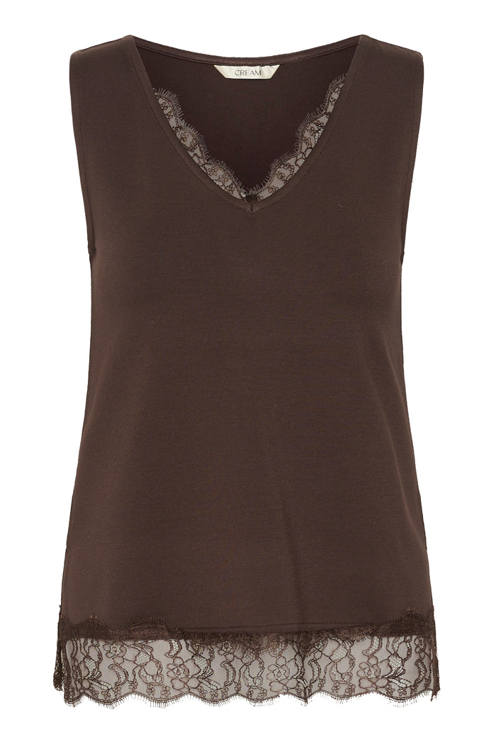 Cream 10615546 CrAlvaia Jersey Lace Top Java brown lace trim top Shop Cream at Dotique