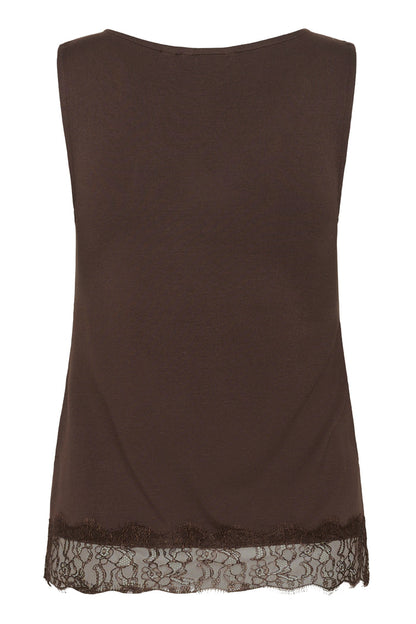 Cream 10615546 CrAlvaia Jersey Lace Top Java brown lace hem top Shop Cream at Dotique