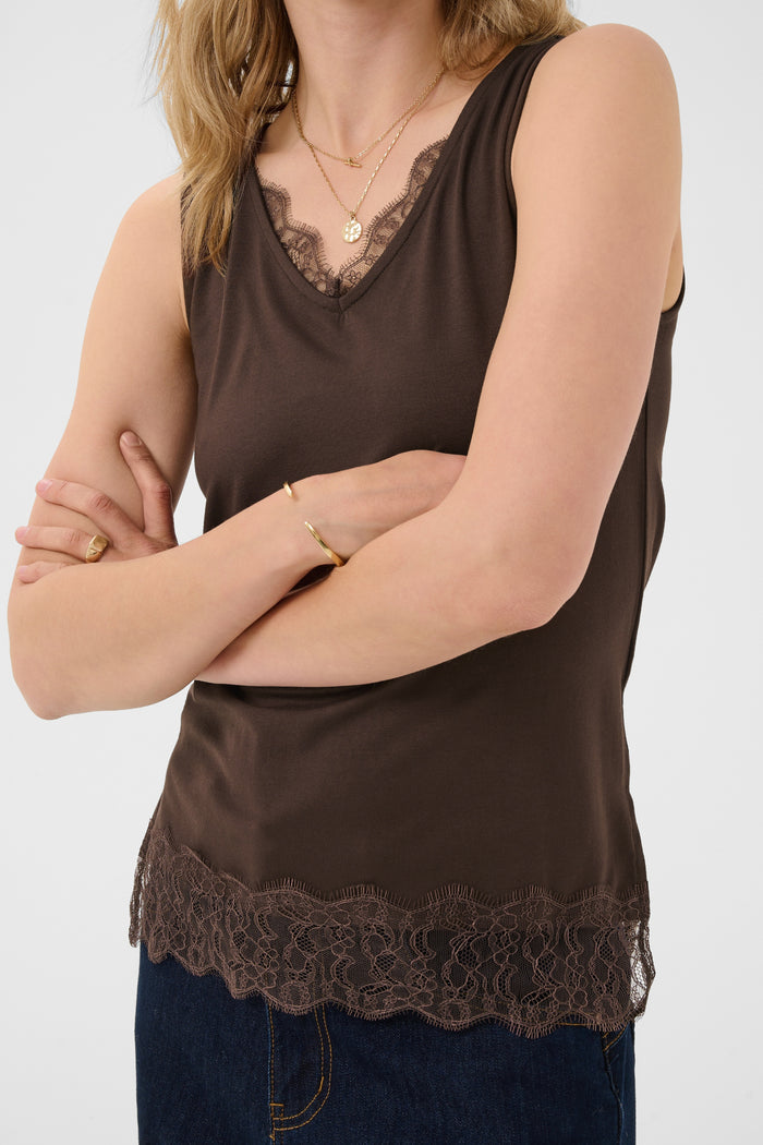 Cream 10615546 CrAlvaia Jersey Lace Top Java dark brown lace hem top Shop Cream at Dotique
