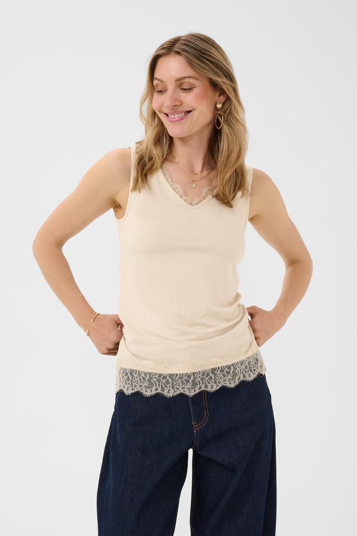 Cream 10615546 CrAlvaia Jersey Lace Top Oatmeal oatmeal lace hem top Shop Cream at Dotique