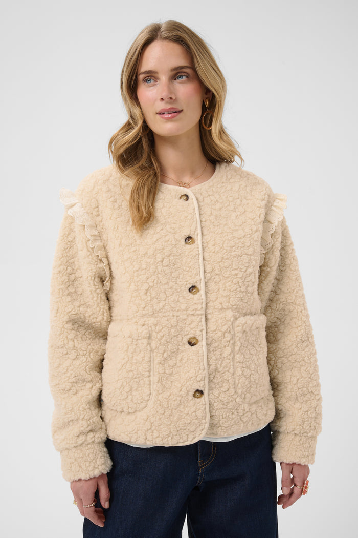 Cream 10615559 CRRana Lace Teddy Jacket – Oatmeal. Teddy jacket by Cream. Shop Cream at Dotique.