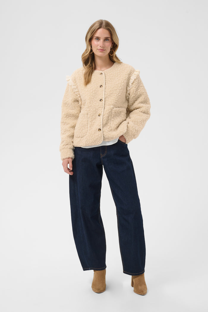 Front view of Cream 10615559 CRRana Lace Teddy Jacket – Oatmeal by Cream. Shop Cream at Dotique.