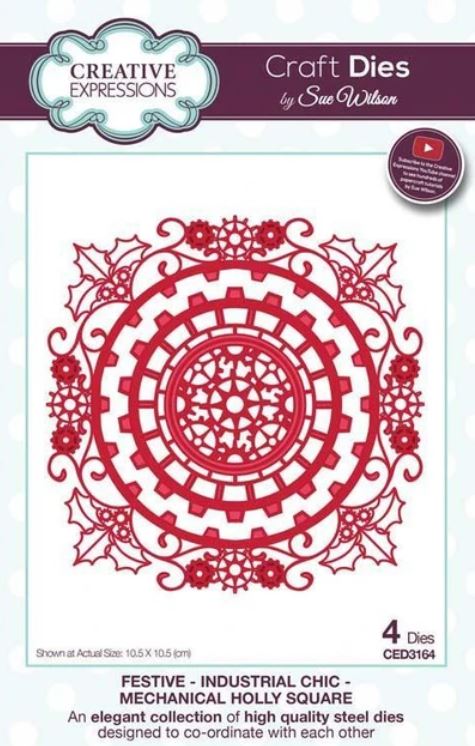 Creative Expressions - Festive Industrial Chic Collection - Mechanical Holly Square. Add a steampunk flair to your Christmas designs this year with the Industrial Chic Mechanical Holly Square. Designed by Sue Wilson. The Industrial Chic collection is an elegant collection of high quality steel dies designed to co-ordinate with each other. Includes 4 dies. Size: (Largest) 4.1 x 4.1 inches. Available at Embellish Away located in Bowmanville Ontario Canada.