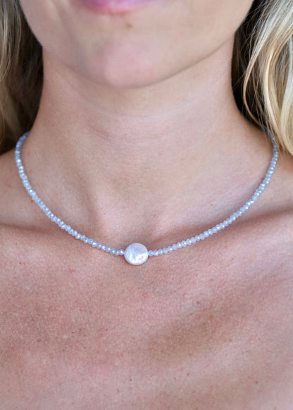 Crystal Choker with Coin Pearl Pale Blue