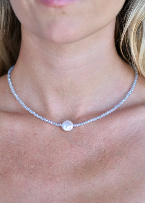 Crystal Choker with Coin Pearl Pale Blue