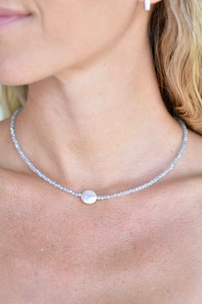 Crystal Choker with Coin Pearl Pale Blue