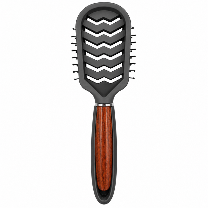 Back view of CS Beauty Vent Brush with wood-effect handle – breathable vent design for faster airflow and efficient styling.