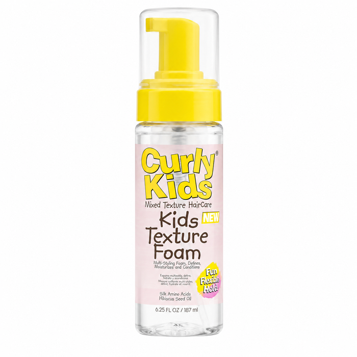 CurlyKids Kids Texture Foam 187ml NEW hair styling foam with yellow pump dispenser on a white background, professional product image for curly and textured children's hair.