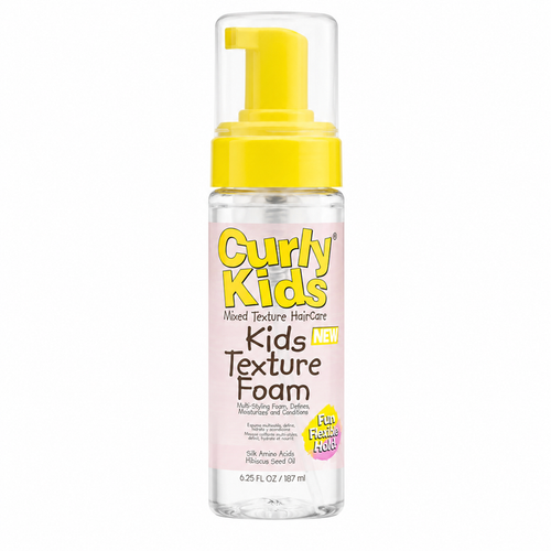 CurlyKids Kids Texture Foam 187ml NEW hair styling foam with yellow pump dispenser on a white background, professional product image for curly and textured children's hair.