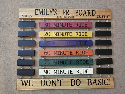 Home gym cycling milestone board showcasing personal best rides