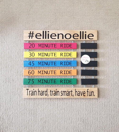 Personalized spin bike PR board handcrafted from solid wood for home gym décor