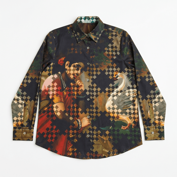 Damayanti's Secret shirt for men in black Giza cotton, front view, with a woman and swan in a checked pattern
