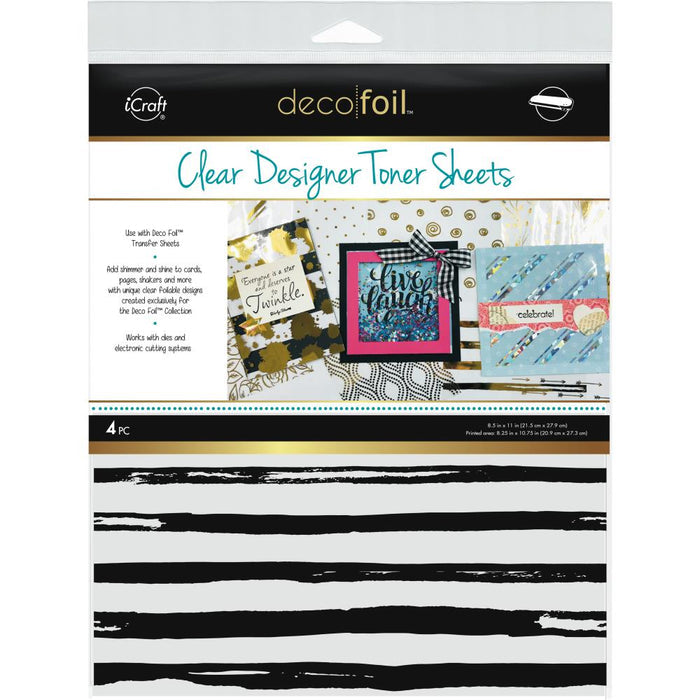 Add shimmer and shine to cards, pages, shakers and more! Works with dies and electronic cutting systems. These packages contain four 8.5x11 inch clear toner sheets. Comes in a variety of designs. Each sold separately. Made in USA.  Currently Available: Distressed Lines and Doodles. Available at Embellish Away located in Bowmanville Ontario Canada.