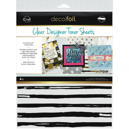 Add shimmer and shine to cards, pages, shakers and more! Works with dies and electronic cutting systems. These packages contain four 8.5x11 inch clear toner sheets. Comes in a variety of designs. Each sold separately. Made in USA.  Currently Available: Distressed Lines and Doodles. Available at Embellish Away located in Bowmanville Ontario Canada.