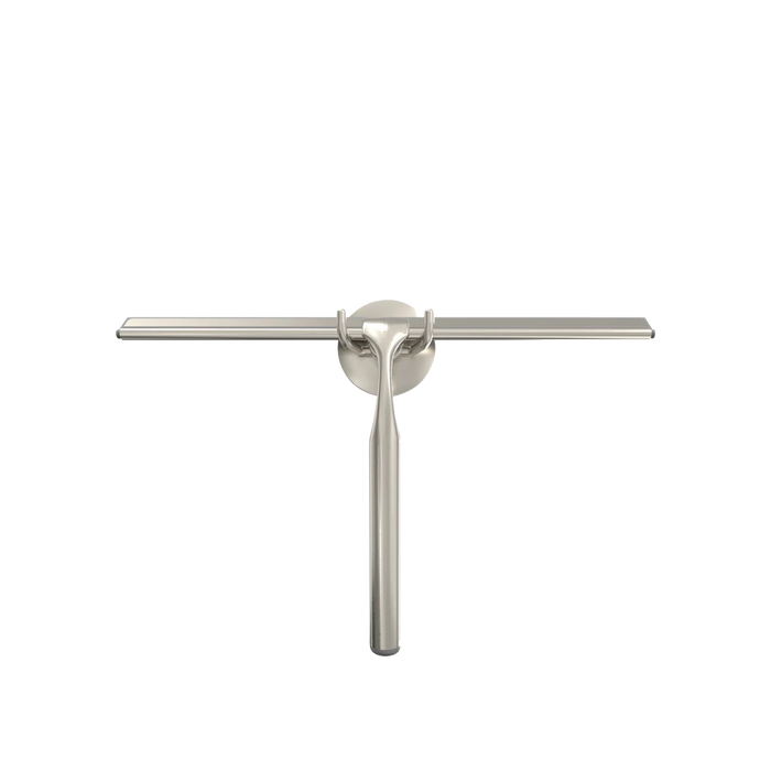 The Deluxe Extendable Squeegee features a long handle made of durable nickel-plated metal with an elegant, brushed finish and integrated non-slip cushion grip.