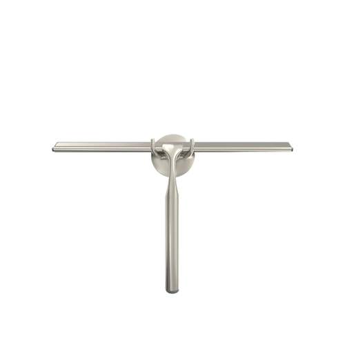 The Deluxe Extendable Squeegee features a long handle made of durable nickel-plated metal with an elegant, brushed finish and integrated non-slip cushion grip.