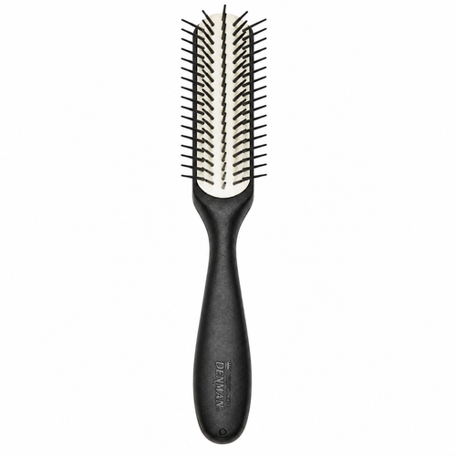 Denman D143 The Long Styler Brush front view with black ergonomic handle, white half-round cushion and five rows of smooth styling pins on a white background.