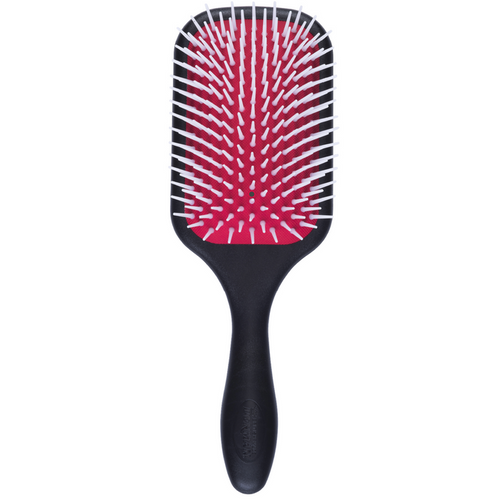 Denman D38 The Powder Paddle Brush front view with red air-cushioned pad and smooth rounded nylon pins for comfortable detangling and blow-drying.