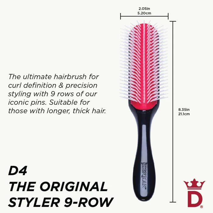 Denman D4 The Original Styler 9-Row Brush dimensions showing 21.1cm length and 5.2cm brush width, ideal for defining curls and styling longer, thicker hair.